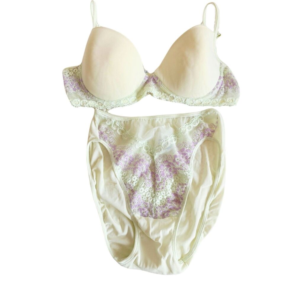 Vintage Olga Bra 36B Panty M Set Light Green Purple Floral Lace Underwire
